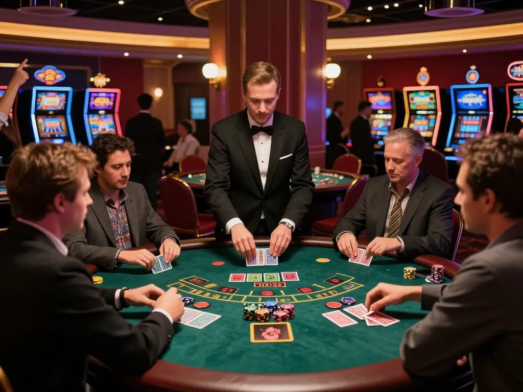 Players engaging at a blackjack table in a vibrant casino atmosphere, capturing the excitement of GA88.