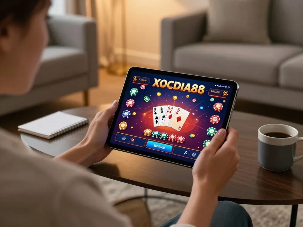 Engaging with XOCDIA88 casino games on a tablet, showcasing responsible gaming strategies.
