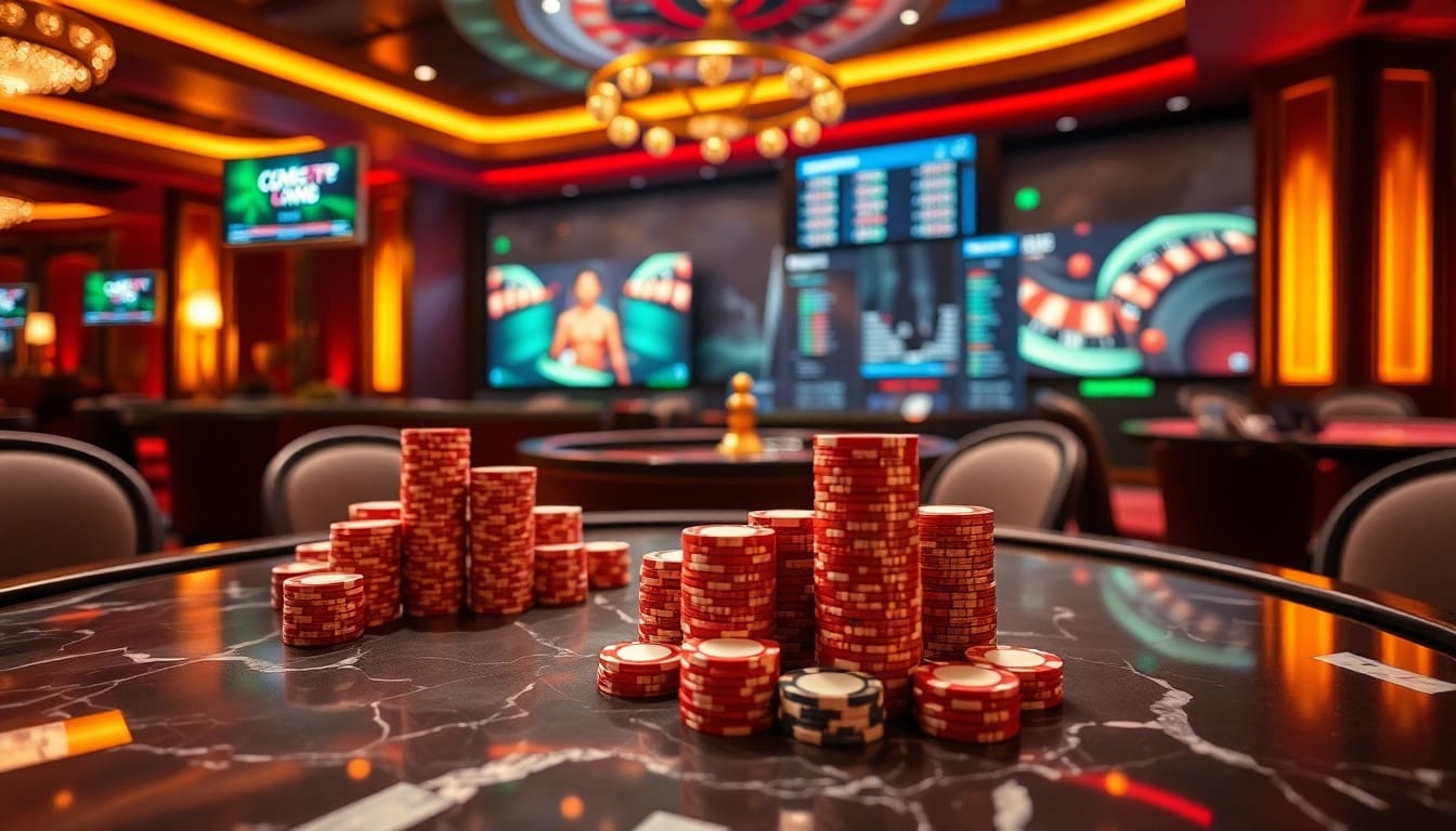 Experience seamless gambling with the cm88 tải app, featuring an elegant casino scene.