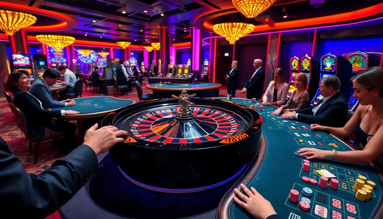 Engage with thrilling games at Trang chủ 78Win, featuring vibrant casino scenes and interactive tables.
