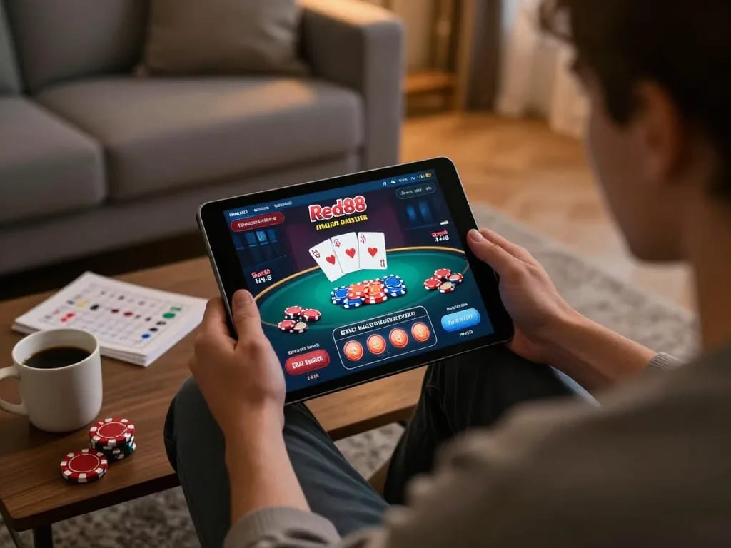 Engaging online gaming with Red88 uy tín showcased on a tablet, emphasizing strategic play in a cozy setting