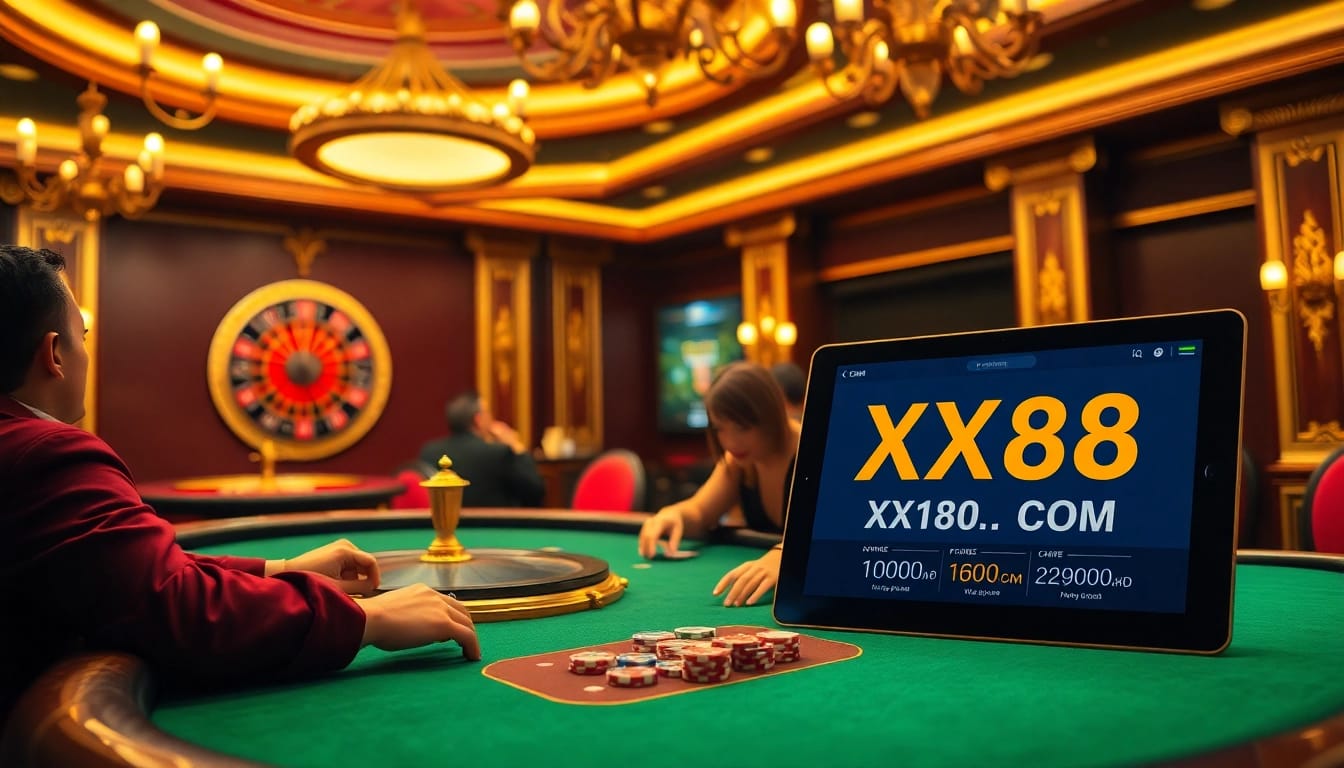 High-stakes poker table scene featuring players with chips at XX88.COM casino.