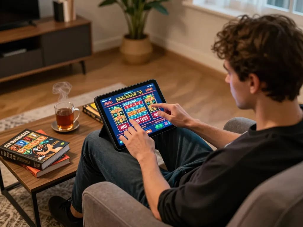Player engaging in online gaming at https://9bet9.in.net with tablet displaying casino app in cozy home setting