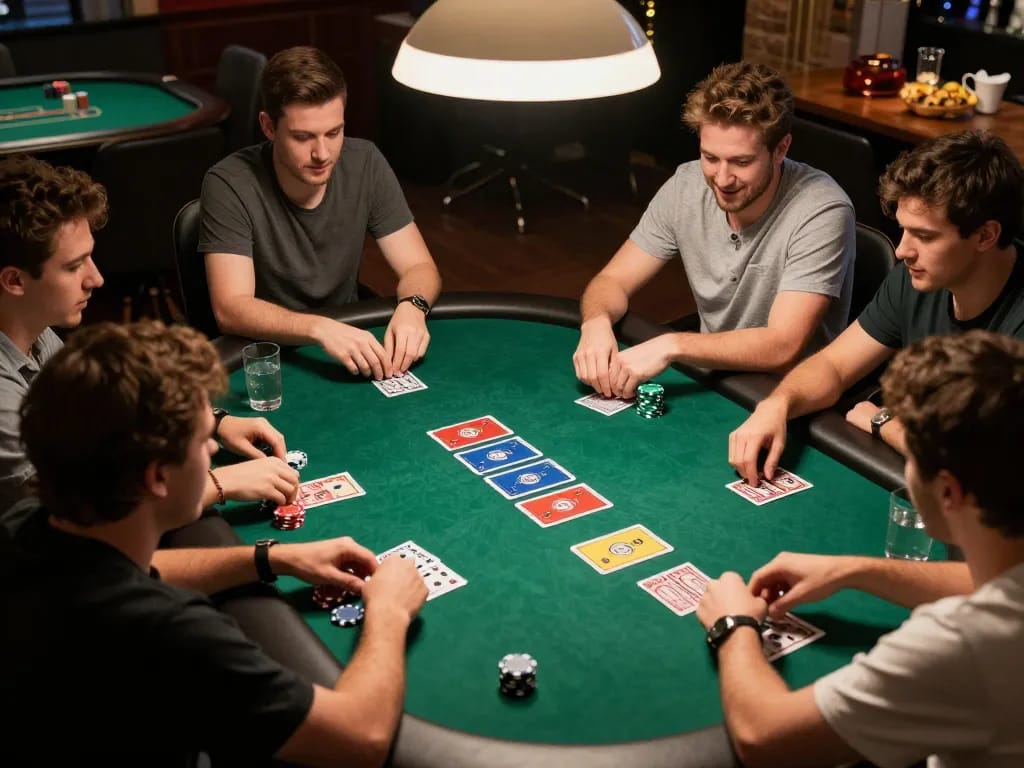 Players engaging in a lively poker game at Top88, showcasing community cards and colorful chips in a cozy home setting.