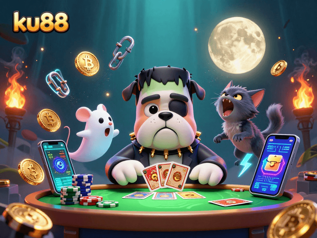 Place bets with ku88's thrilling 3D casino illustration featuring unique characters and crypto elements.