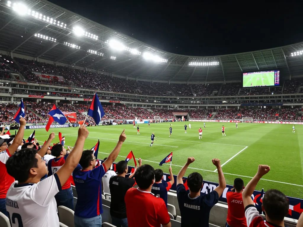 Exciting football match atmosphere at https://thscrore.com/ with cheering fans and intense action.