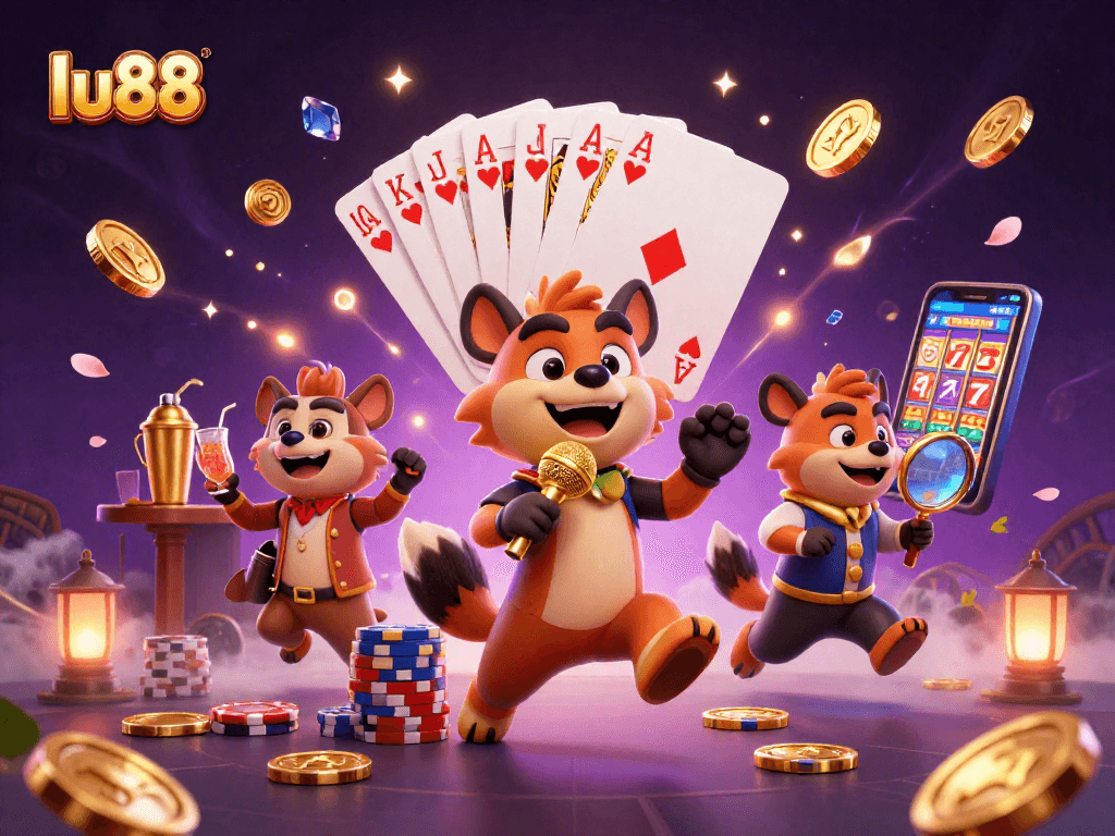 Lu88 offers a dynamic gaming experience with hyena comedians, bartenders, and bouncers amidst vibrant casino elements.