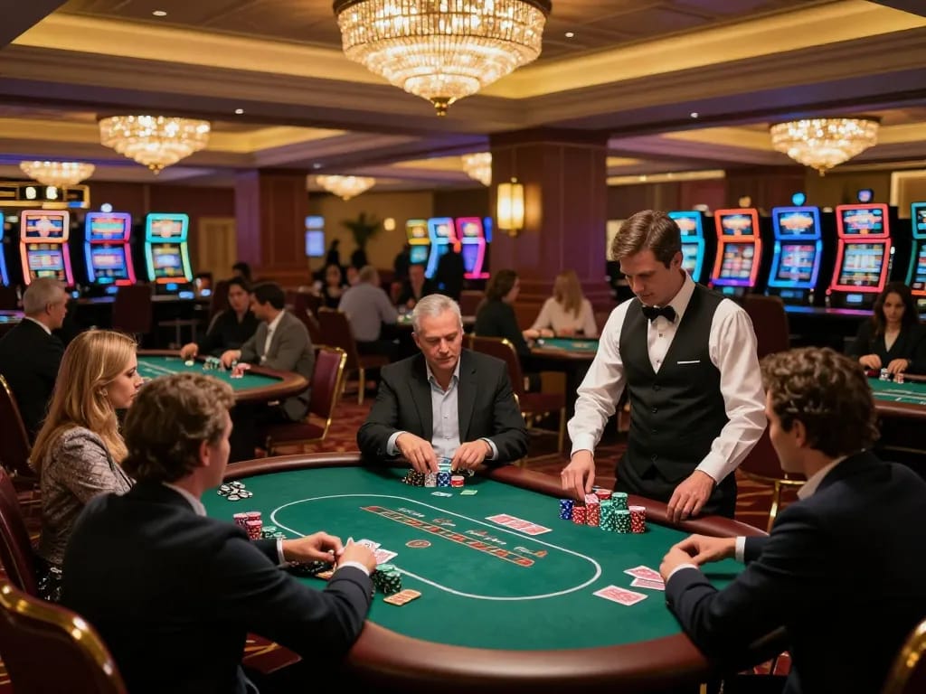 Players enjoying poker games at LC88 casino with professional dealer under soft chandelier lighting