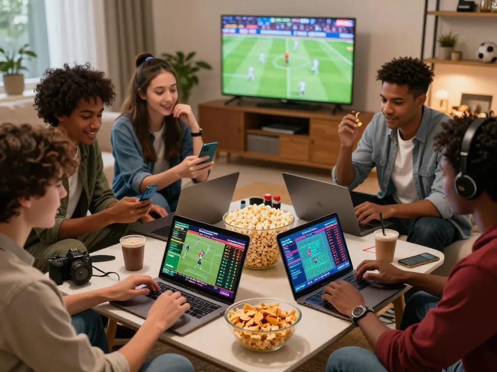 Friends enjoying Fa bet sports betting experience in a cozy living room.