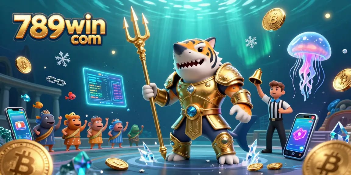 Engage with 789win com in a vibrant underwater 3D casino scene featuring a golden gladiator shark.