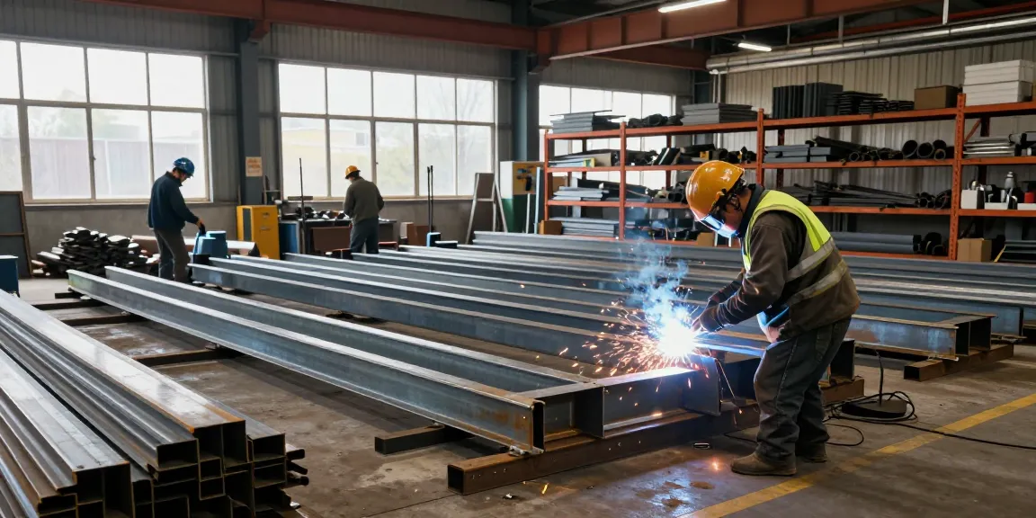 Workers at a commercial steel company assembling durable steel structures in a vibrant workshop.