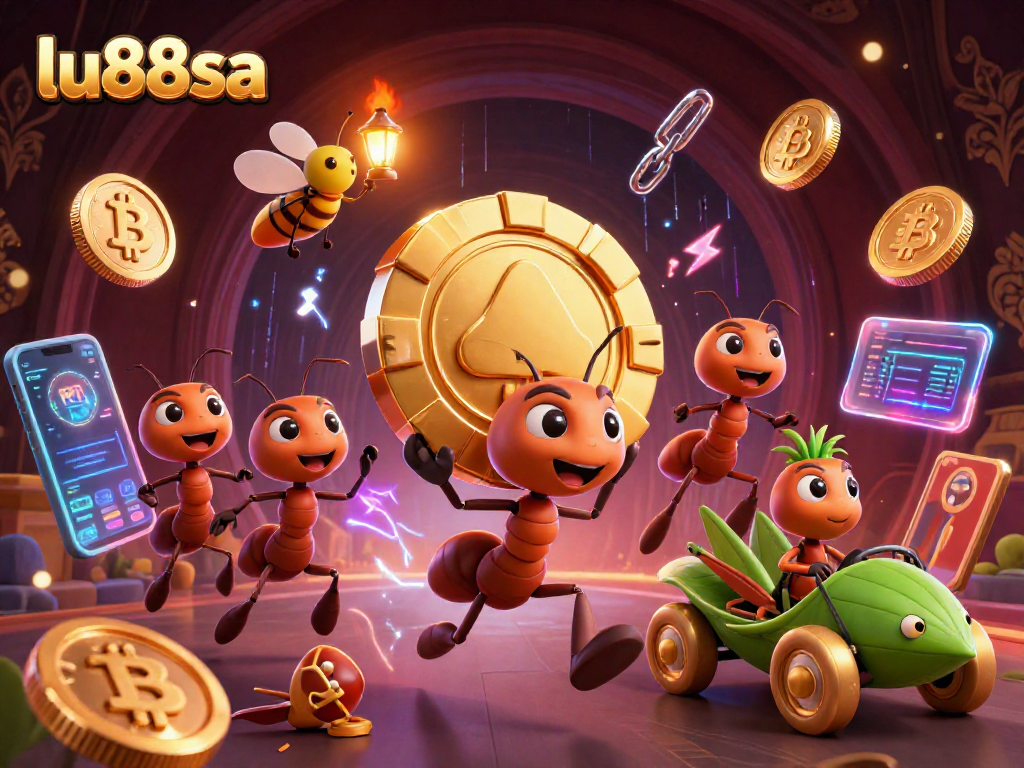 Ants carrying a giant poker chip in lu88sa's vibrant crypto casino heist illustration.