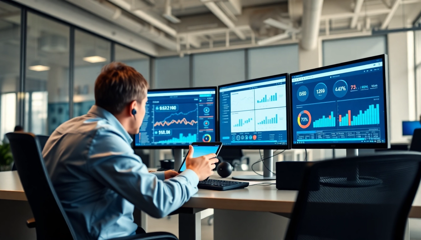 Agent using call centre software in a modern office setting with analytics displayed on screens.