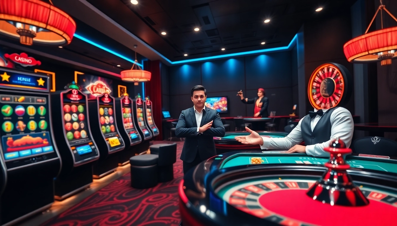 Exciting gambling scene at Nhà cái Nohu90 featuring vibrant slot machines and poker tables.
