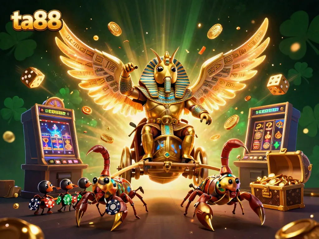 Experience thrilling gameplay at ta88 with a 3D scene featuring a golden scarab beetle, slot machines, and fireworks.