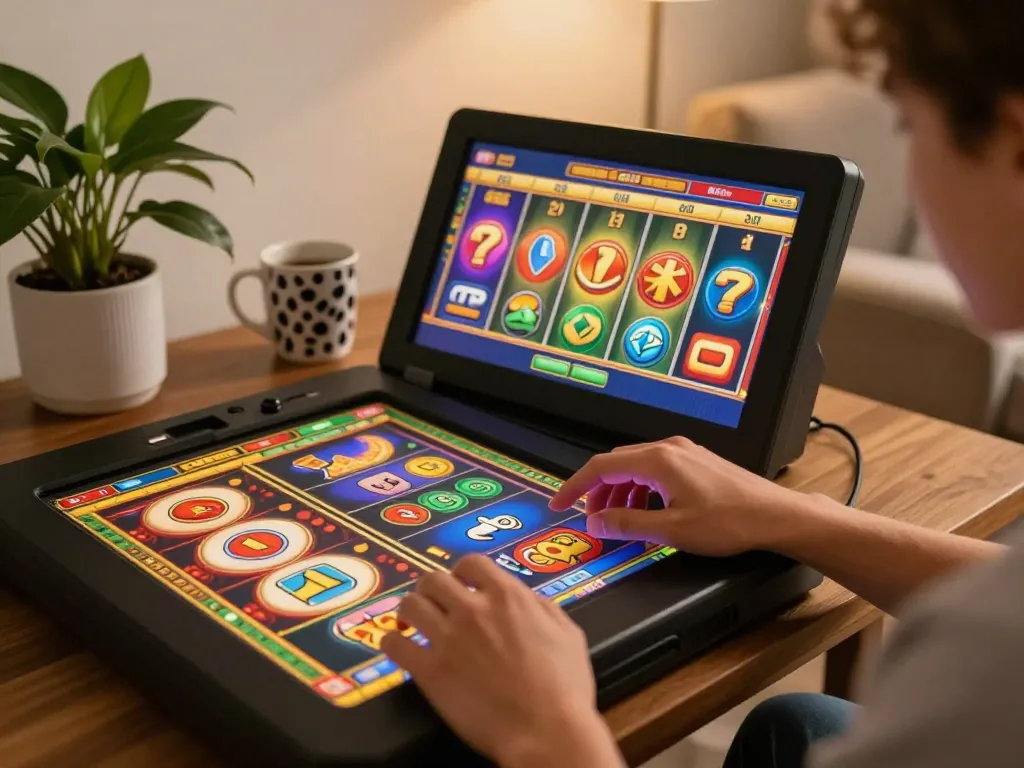 Player enjoying Lu88 chính thức online slot game on a touchscreen device in a cozy home setup.