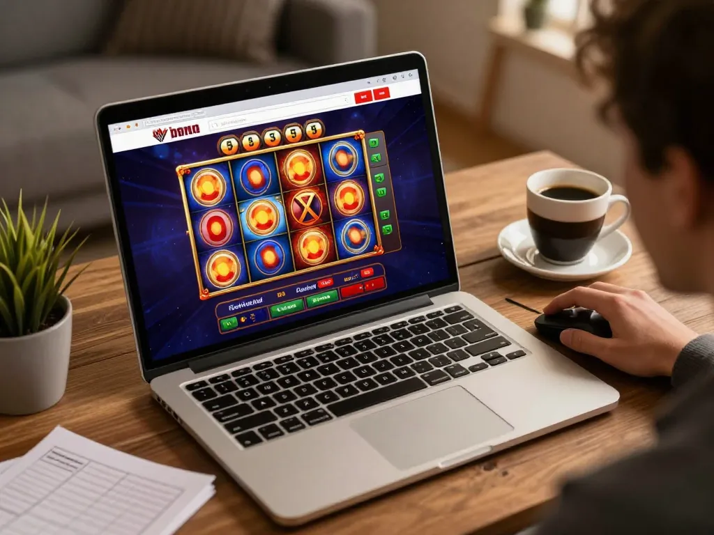 TG88 online gaming interface with colorful slot machines and cozy home setup portrayed