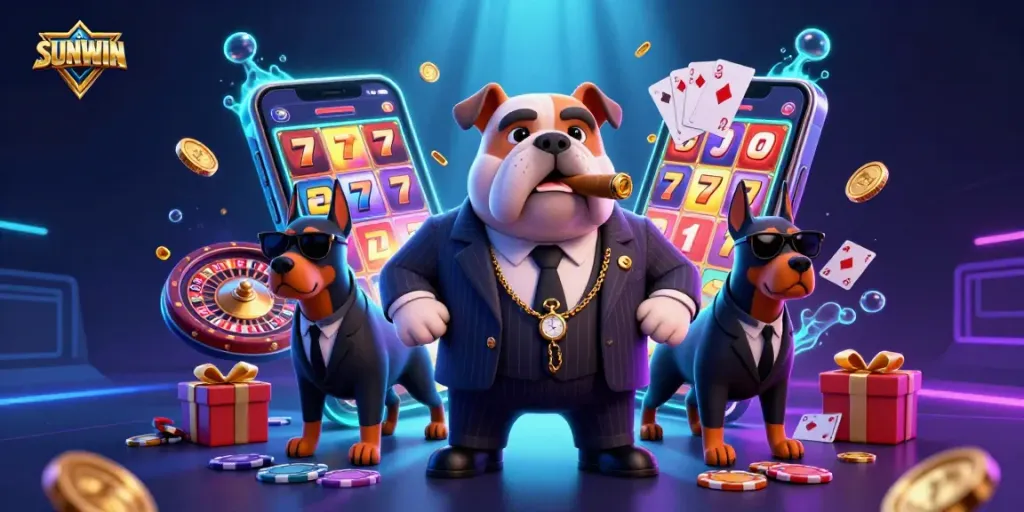 SUNWIN showcases a mafia boss bulldog surrounded by gaming elements like slots and poker chips in a vibrant casino scene.