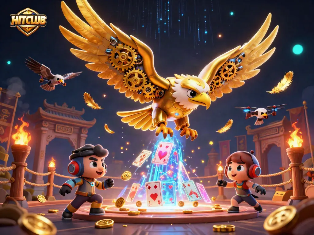Experience gaming excitement at HITCLUB with a dynamic 3D illustration of an eagle soaring through holographic cards.