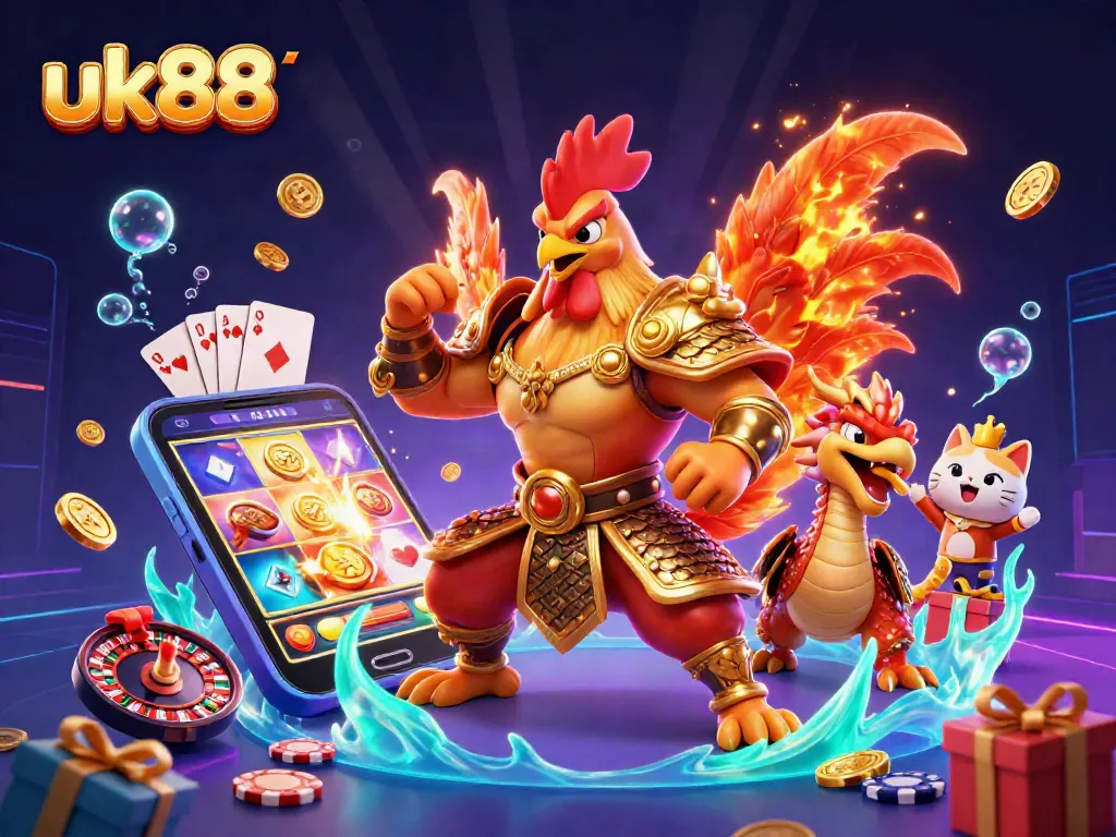 Witness the excitement of uk88 as the rooster warrior battles alongside a dragon, capturing casino energy.
