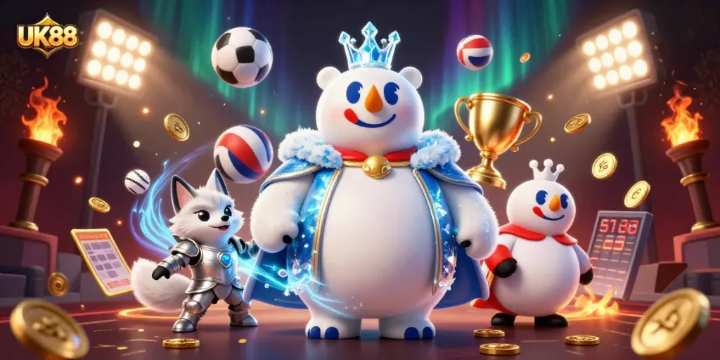 UK88 action with a 3D ice king polar bear and snow fox in armor amidst exciting sports betting elements.