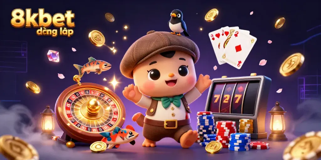 Experience the fun of 8xbet đăng nhập with charming characters and casino elements in a vibrant illustration.