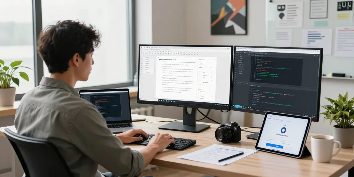 Developer in a modern workspace using WPS Download tools for document editing.