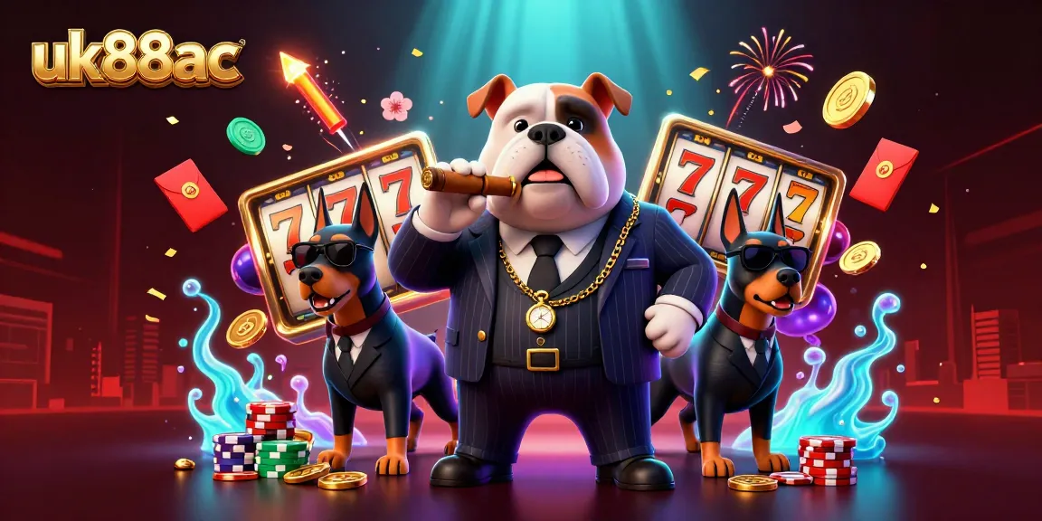 Engage with the vibrant energy of uk88ac through a dynamic casino scene featuring a mafia boss and Dobermans.