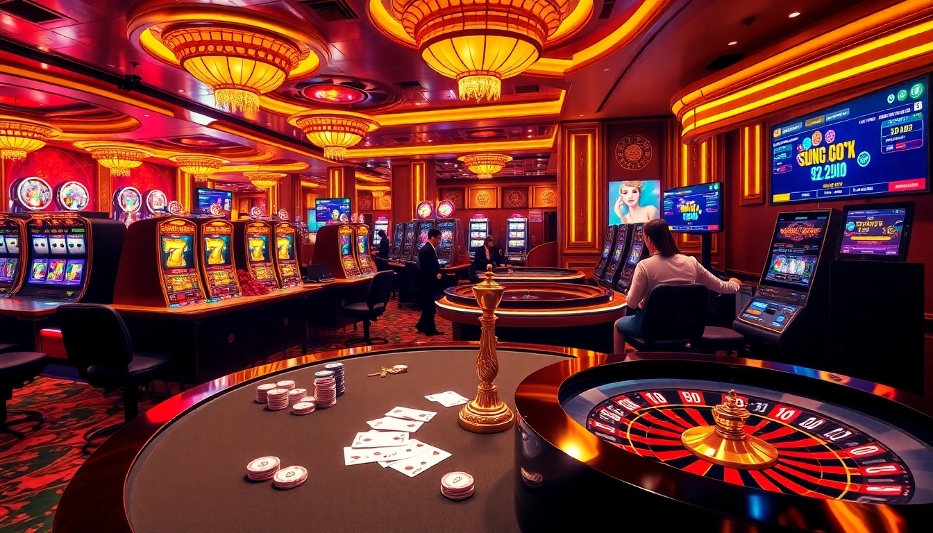 win678 players engaging with vibrant casino tables and slot machines in an exciting atmosphere