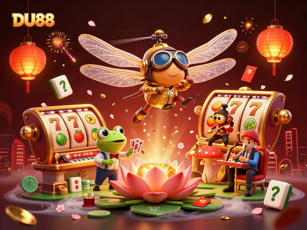 Engage in thrilling games at DU88 with vibrant 3D illustrations showcasing lively casino action.