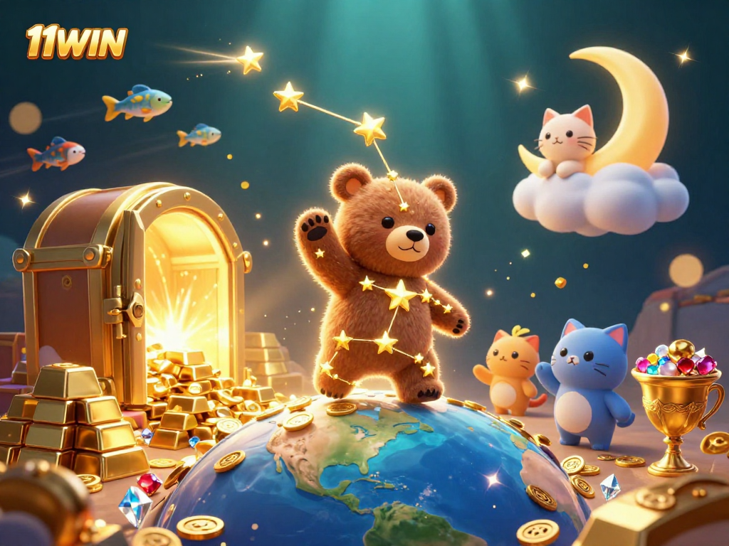 Engage with the 11WIN constellation bear as it scoops coins amidst a treasure-filled casino scene.