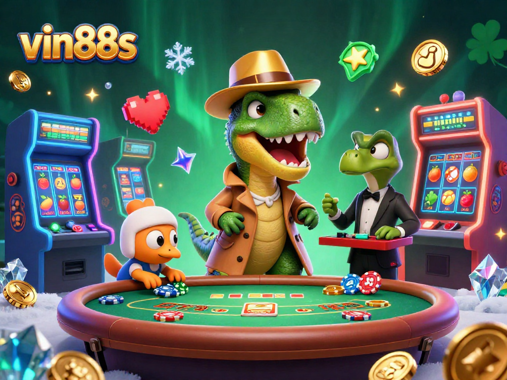 vin88s showcases a sneaky velociraptor card counter and friends in a vibrant casino scene.