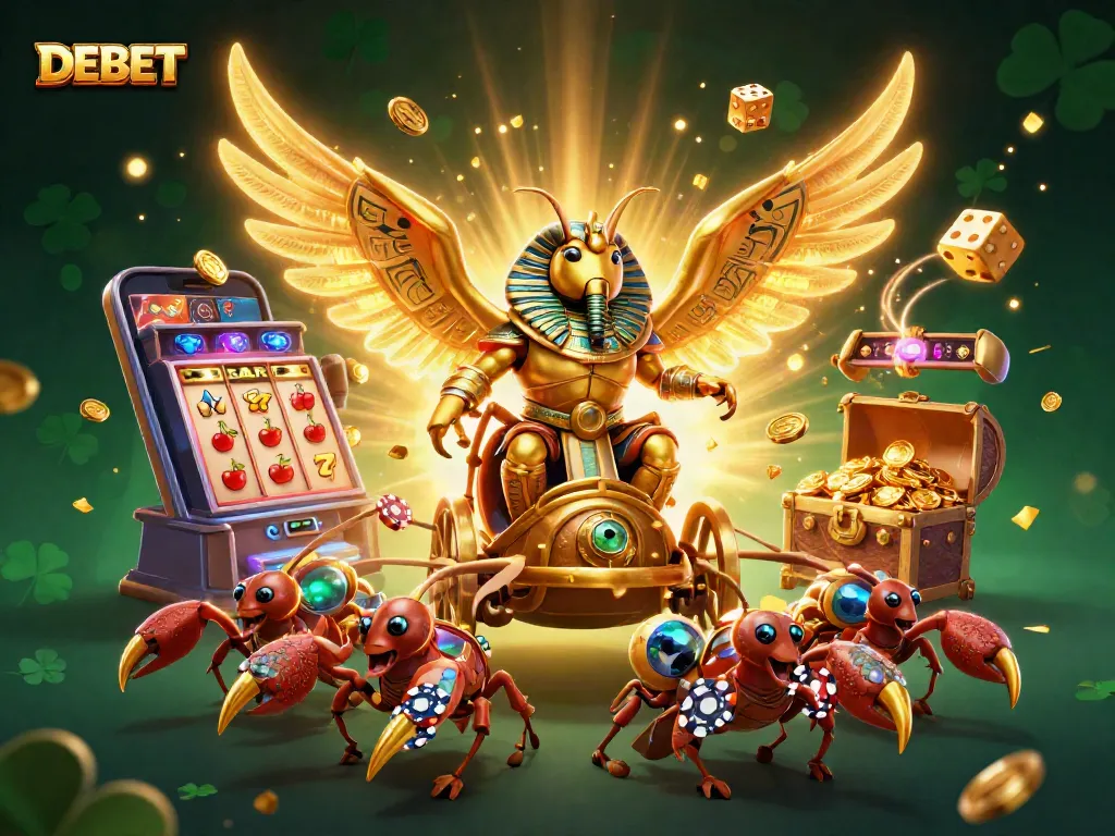 DEBET attracts excitement with a golden scarab beetle amidst a jackpot explosion, illustrating thrilling casino action.