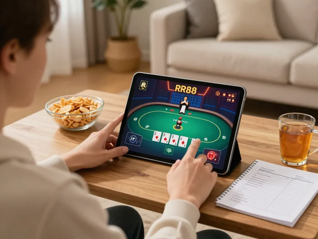 Engaging online poker game on RR88 gratis tablet with strategies in cozy home setting.