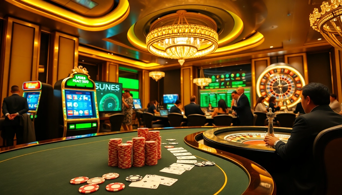 Exciting casino action featuring dynamic gameplay at https://cm88seo.com/ with poker chips and a glowing slot machine.