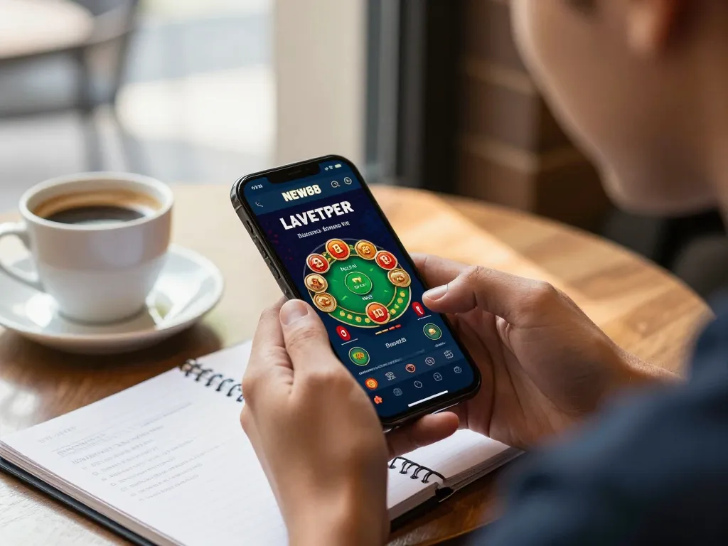 Gamblers enjoying the NEW88 blog mobile app while strategizing bets in a cozy café setting.