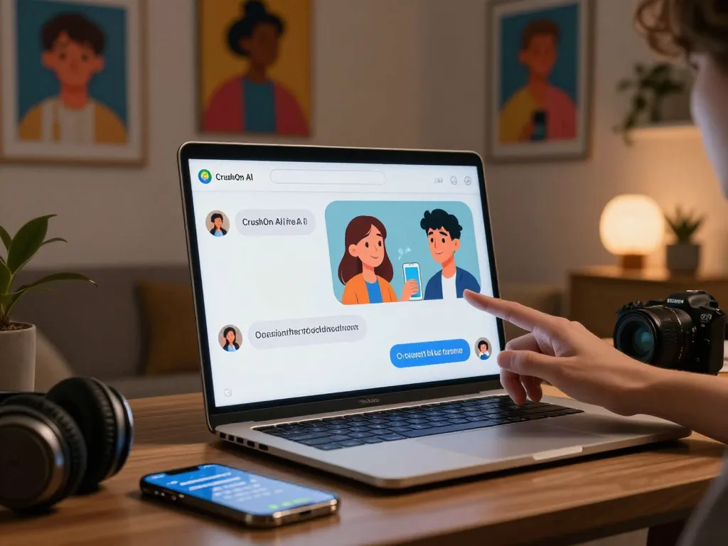 Engaging user enjoying CrushOn AI chat experience with vibrant character design and modern workspace setup.