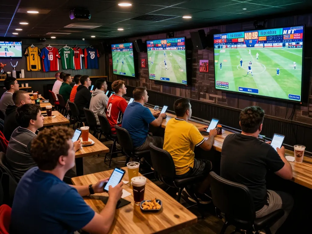 Engaging sports betting atmosphere showcasing dedicated fans using apps to place bets, highlighting Da88 uy tín.