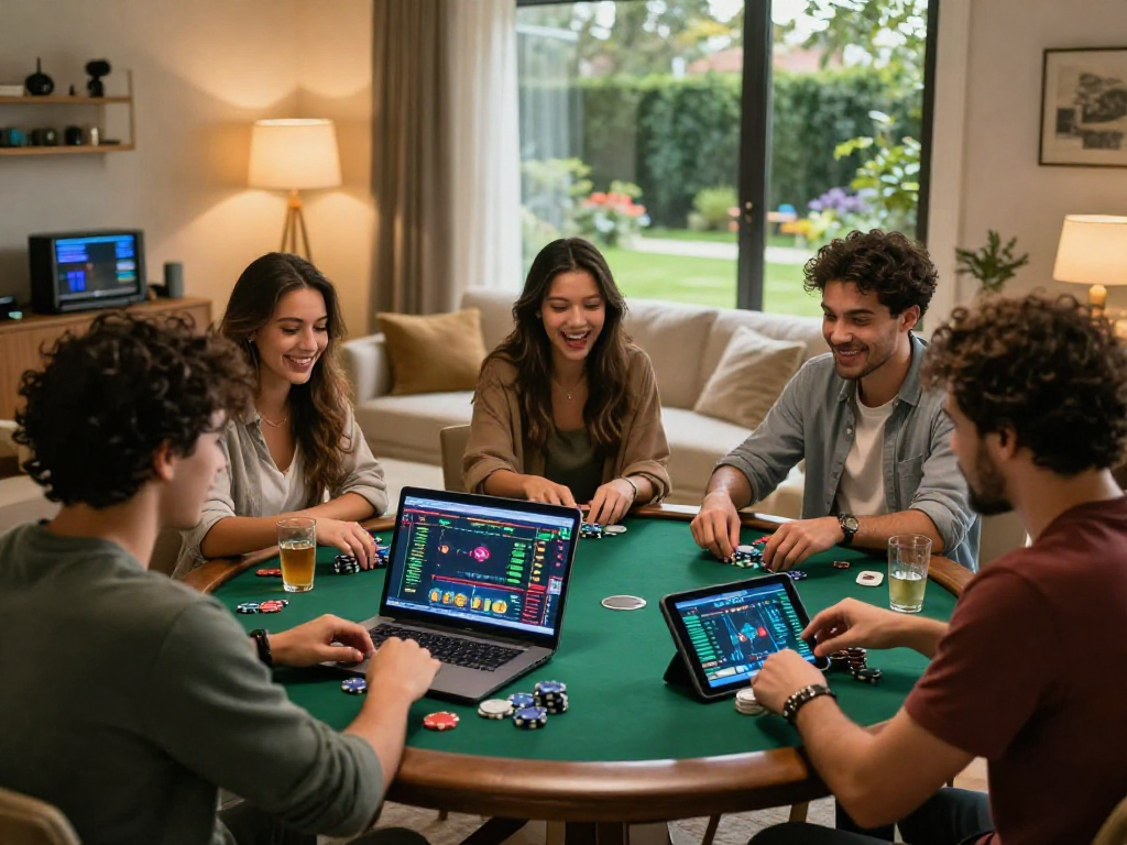 Friends enjoying gambingonline in a cozy living room, focused on poker and sports betting.