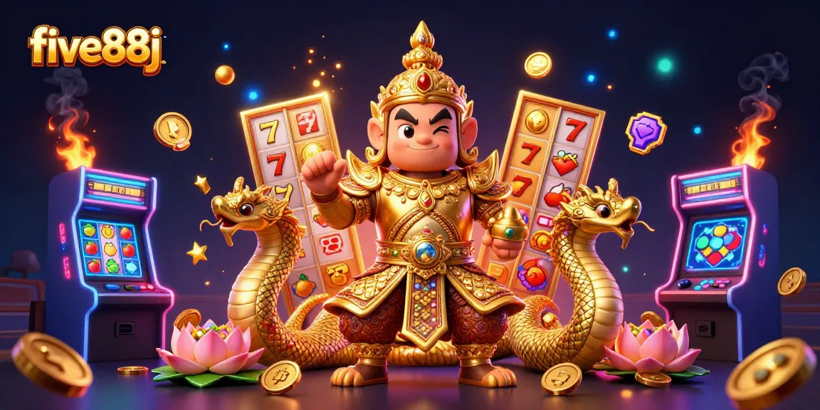 Engage with five88j's vibrant casino scene featuring a Thai guardian, Naga companions, and slot reels.