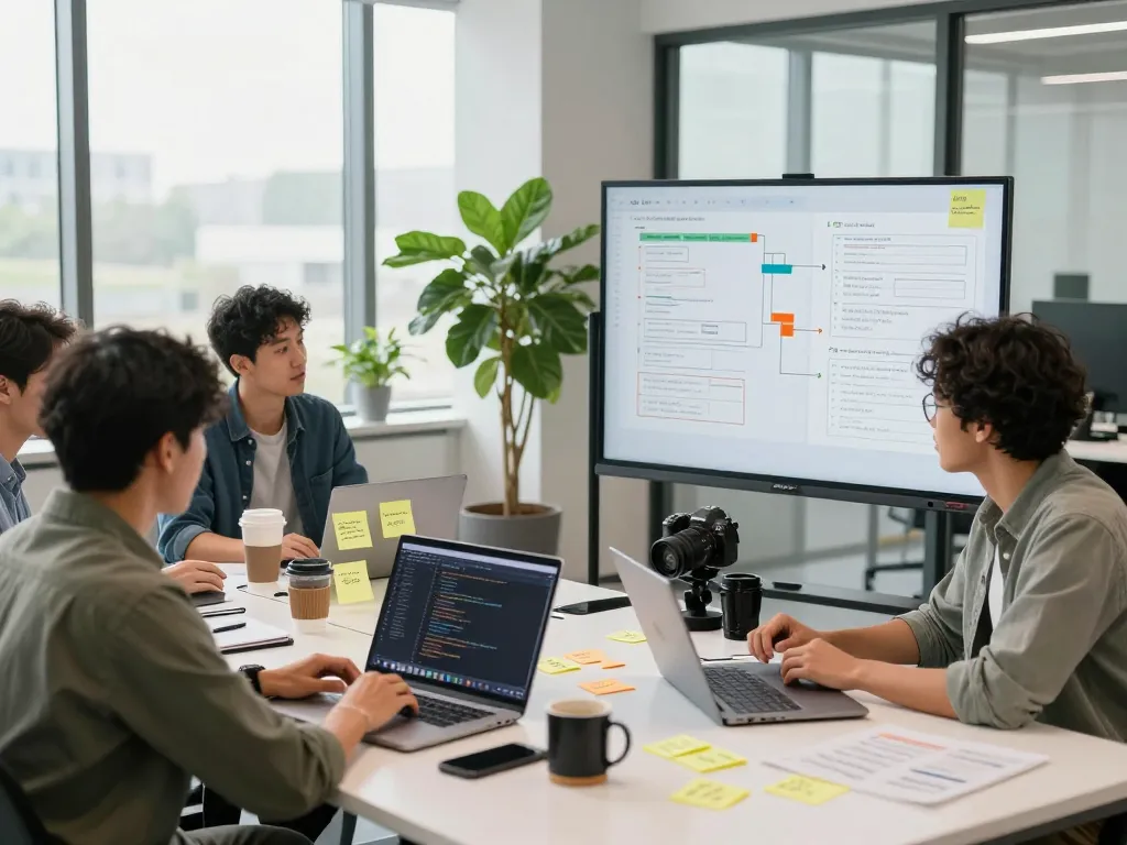 Team collaborating in a modern tech workspace at https://7mvna.com/ showcasing coding and creative brainstorming.
