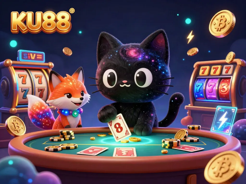 Spin with KU88's cosmic casino, featuring a black hole cat and colorful elements in a vibrant scene.