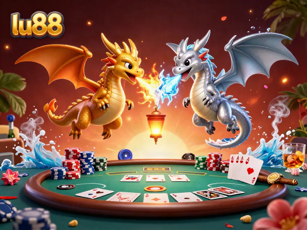 Experience thrilling games at lu88 with golden and silver dragons showcasing their power in a vibrant casino setting.
