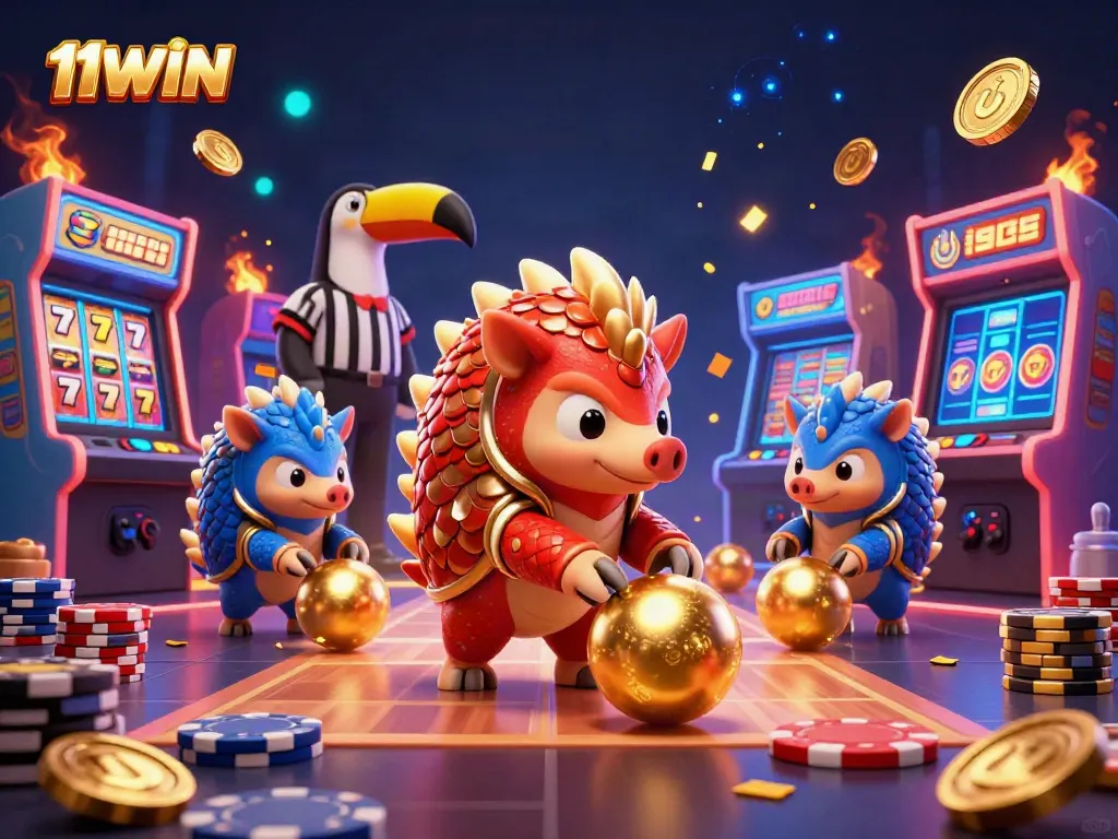Engage with exciting games at 11WIN as vibrant pangolins roll through poker chips in this dynamic casino illustration.