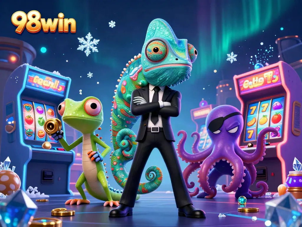 Experience the thrill of 98win with vibrant casino games, featuring a chameleon in a suit and colorful slot machines.