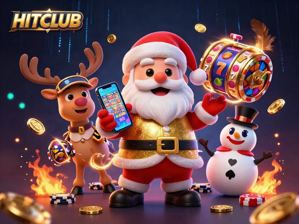 Play slot games at HITCLUB with Santa Claus, reindeer, and a poker chip snowman in a vibrant casino scene.