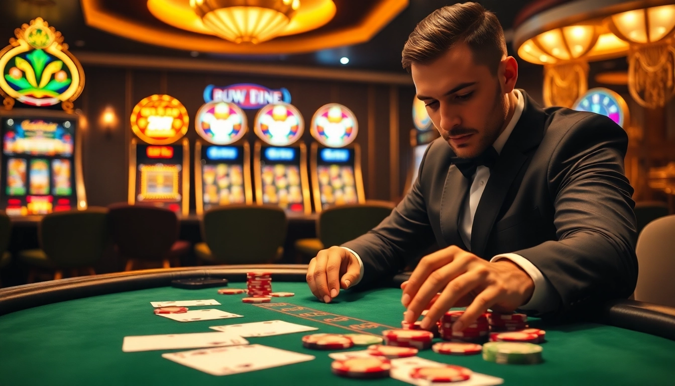 Engaging poker player making a strategic move in a luxurious casino scene with লগইন theme.
