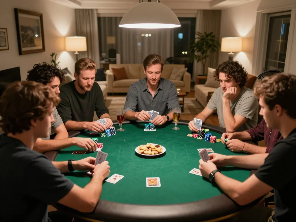B52 club poker players strategizing in a cozy home game night setting