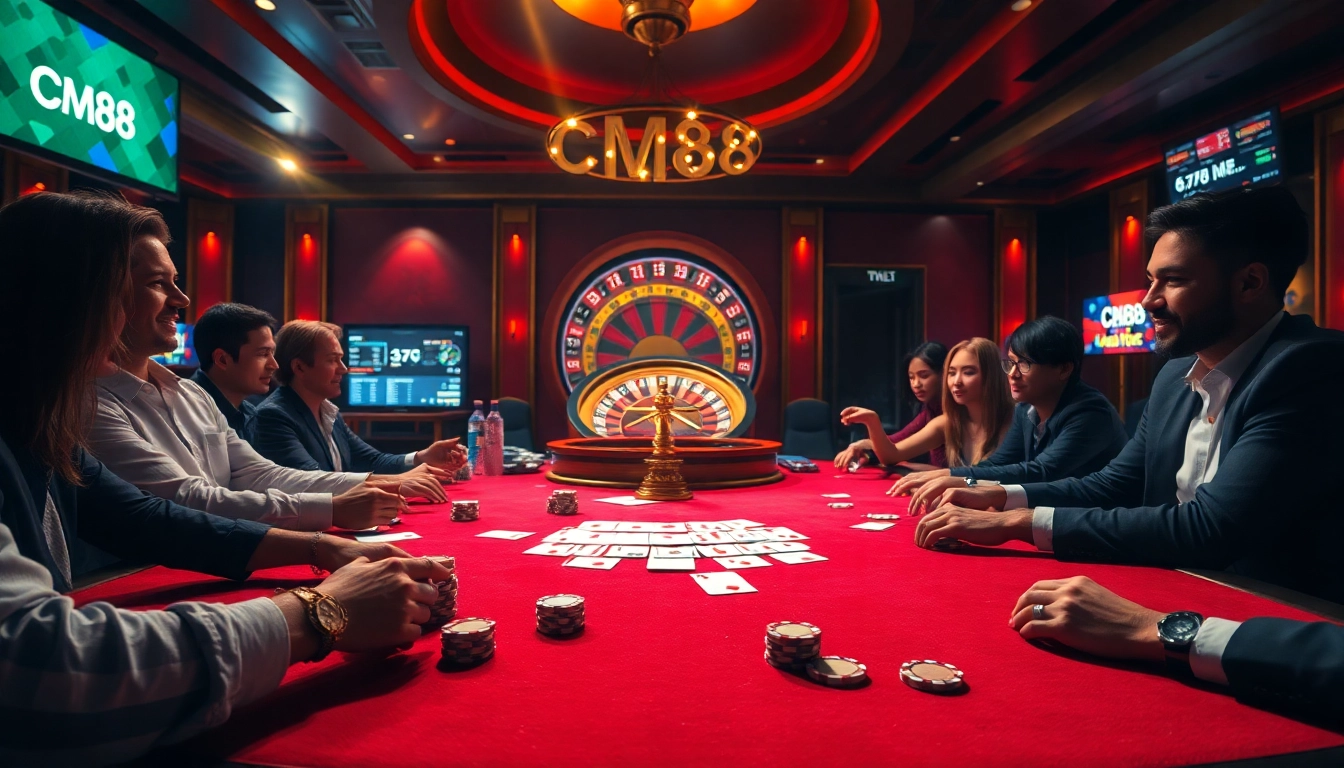 CM88 poker players engaging in a thrilling casino game with vibrant chips and cards.