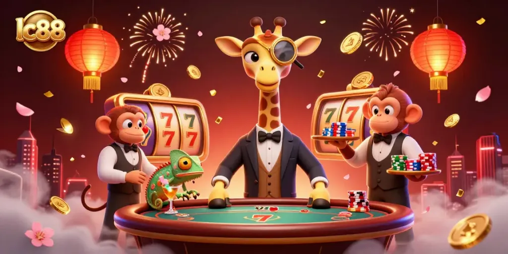 Experience the thrill of lc88 with a high-roller giraffe and lively gambling scene bursting with vibrant color.